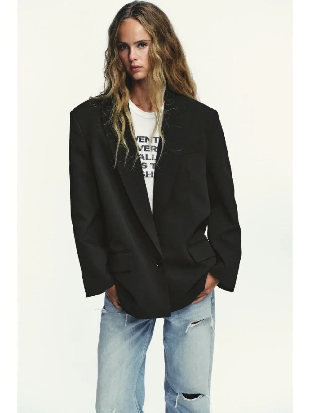 Zara Womens Blazer Suit Jacket S Black Oversized Shoulder Pads 5427/734 NWT
